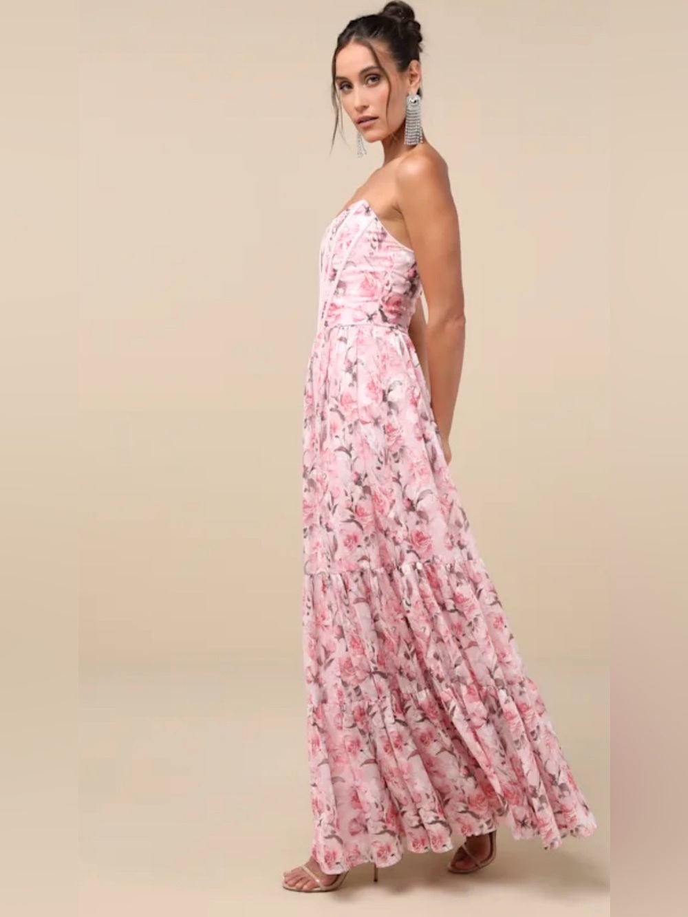 Lulu's Pink Floral Strapless Bustier Maxi Dress - Picture 2 of 5